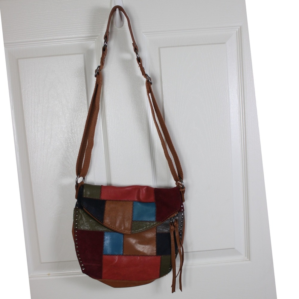 The Sak Multi Color Patchwork Leather Crossbody Bag Studded Boho Suede Shoulder